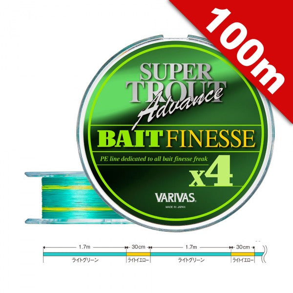 VARIVAS SUPER TROUT ADVANCE BAIT FINESSE PE X4 #0.8 (15 lb) - 100m PE L.YELLOW + L.GREEN fishing line