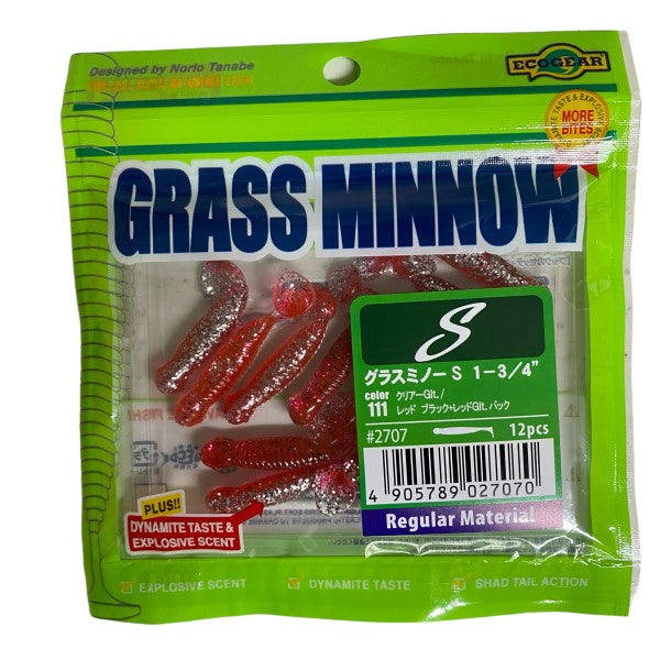 ECOGEAR GRASS MINNOW-S 1-3/4" 42mm (12 pcs/pack) 111 CLEAR Glt./RED SMALL BLACK+REDGlt.BACK
