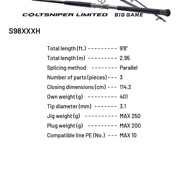 SHIMANO 24 COLTSNIPER LIMITED BIG GAME S98XXXH (3 pieces, Spinning)