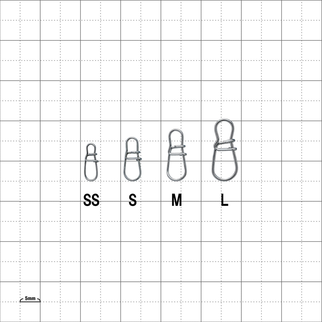 Gamakatsu Onsoku Round Snap size chart: SS, S, M and L
